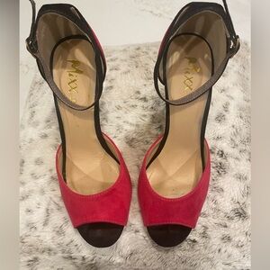Mixx Shuz Shoe Heels Peep Toe Ankle Strap Faux Suede Micro Fiber Pink Size 7.5